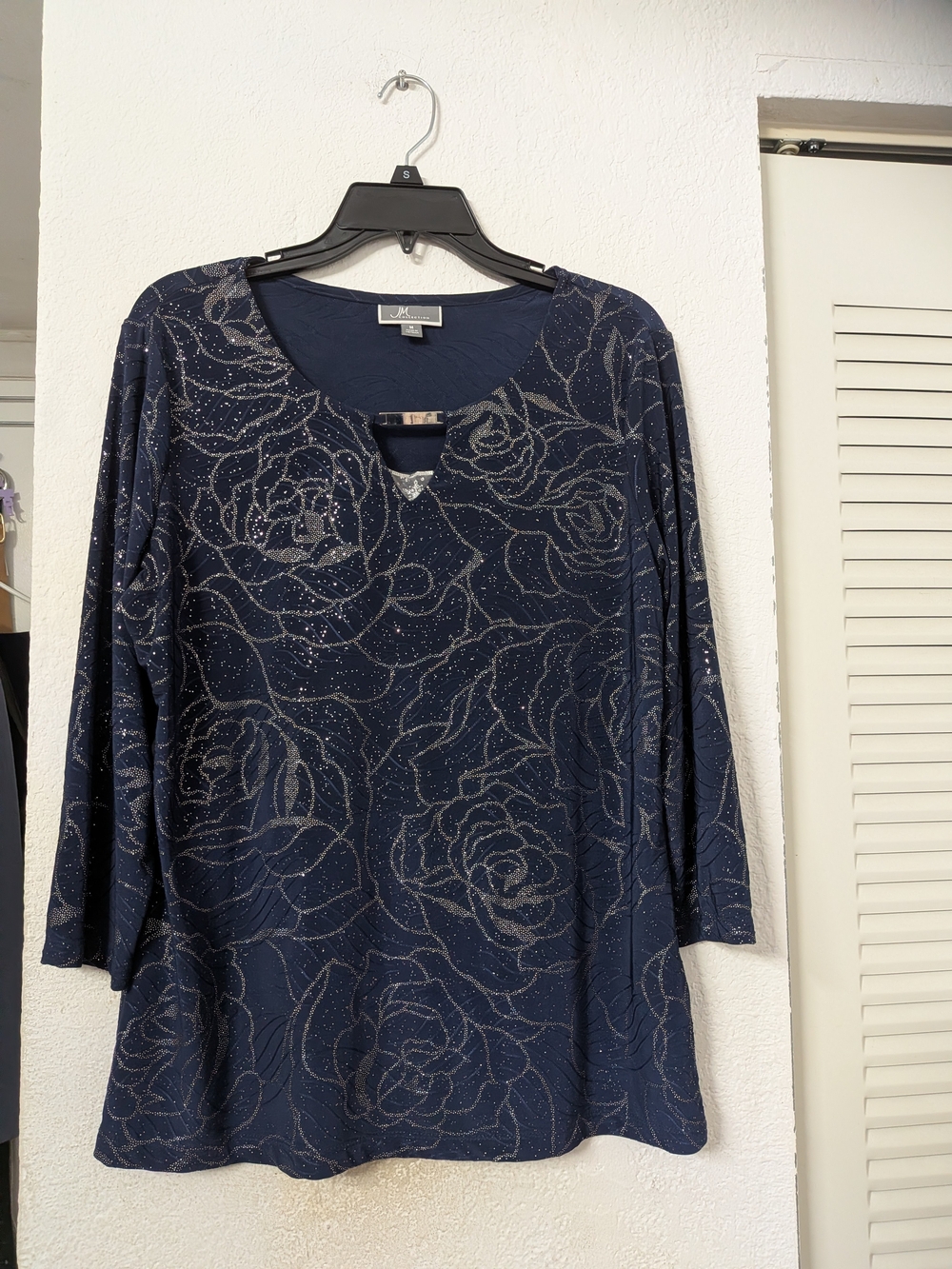 JM Collection Navy Floral Glitter Long Sleeve Top